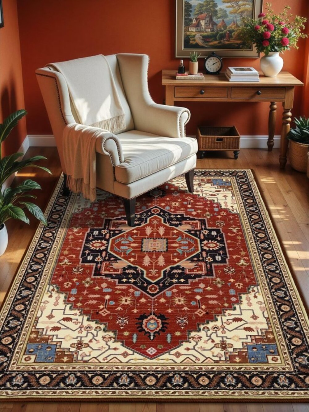 Washable Vintage Area Rug for Bedroom, 4x6 Cute Rugs Orange Red